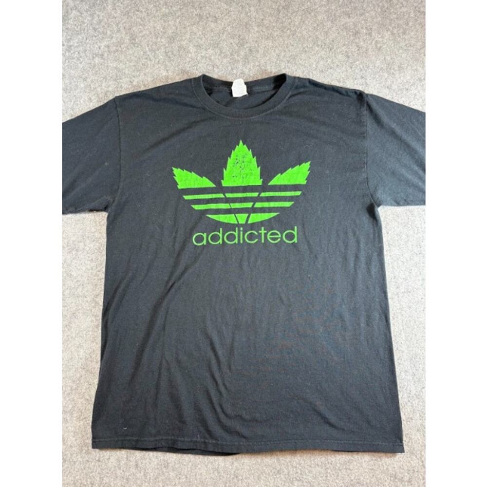 Addicted Adidas Parody Weed Pot Leaf Graphic Tshirt Mens L Black Streetwear Y2K